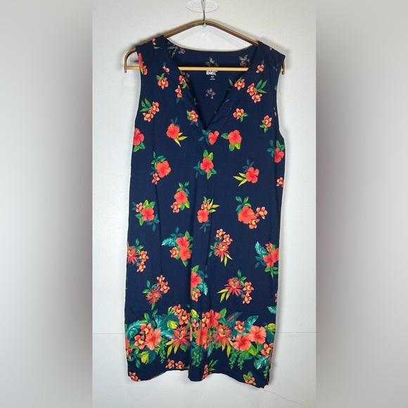 Lands' End Navy/Orange Floral VNeck Sleeveless Cotton Dress. Size Medium. - Picture 1 of 9